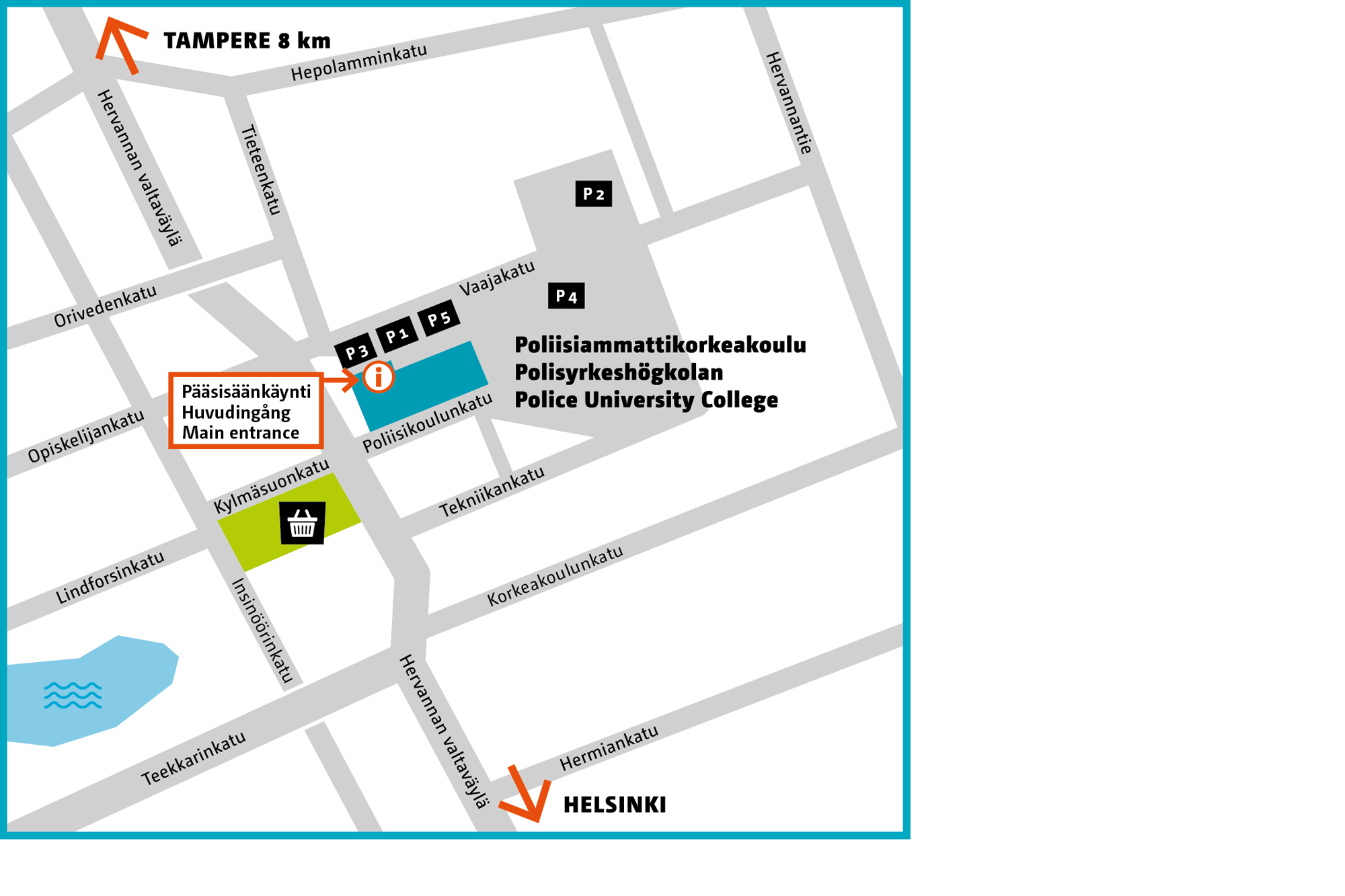 The Police University College campus is located on Vaajakatu near the center of Hervanta and the shopping center. 