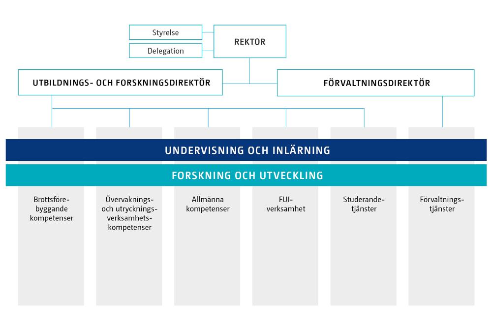 Polisyrkeshögskolans organisation. Bildens innehåll beskrivs i texten.