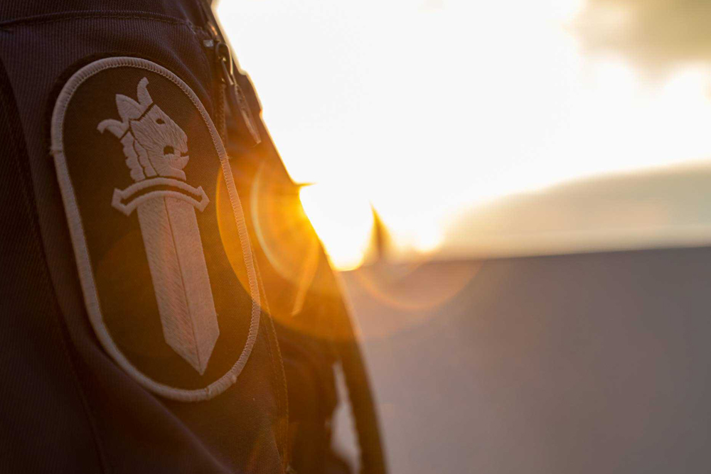 Lejon med svärd-emblem på ärmen på polisens overall, starkt solljus i bakgrunden.